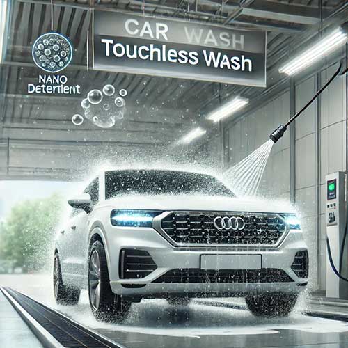 مواد شوینده نانو در اصفهان: شستشوی خودرو بدون دخالت دست | شرکت نانو واش پاور تصویر مرحله اسپری مواد نانو روی بدنه خودرو در شستشوی تاچلس.