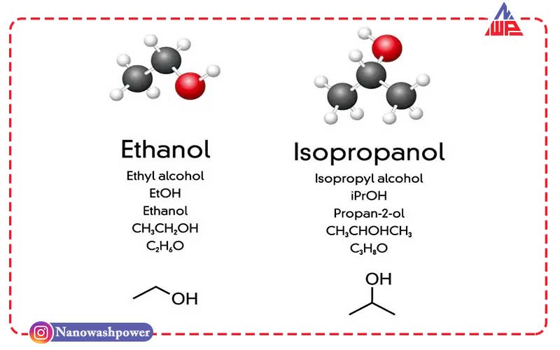 ایزوپروپیل الکل چیست؟ | بررسی روشهای تولید + 5 کاربرد اصلی + قیمت روز | شرکت نانو واش پاور تصویر مقایسهای از ساختار مولکولی ایزوپروپیل الکل (C₃H₈O) و اتانول (C₂H₆O)