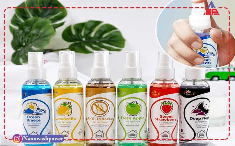 فرمول خوشبوکننده هوا به صورت قرص | راه اندازی خط تولید + فرمولاسیون واقعی | شرکت نانو واش پاور تصویر خوشبوکننده اسپری هوا در بستهبندی مدرن با قابلیت پخش رایحه قوی